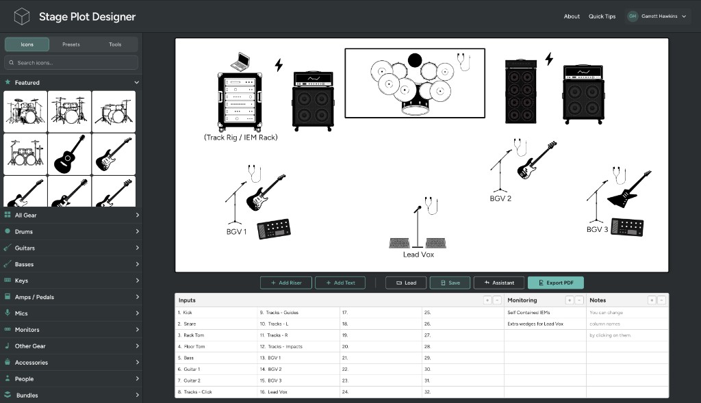 Stage Plot Designer app showing a stage layout and input list